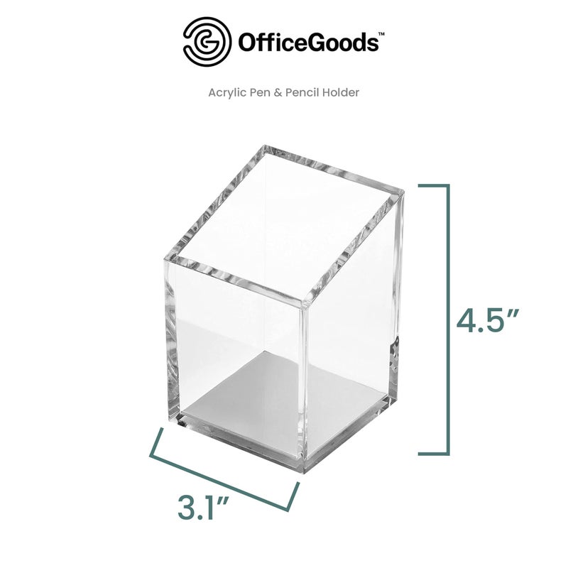 OfficeGoods Acrylic Pen & Pencil Holder - Modern Trapezoid Design - Beautiful Desk Organizer for Home or Office - Contrasting Metal Base - 3" Square w/ 3.5" Front & 4.5" Back - Silver - Image 2